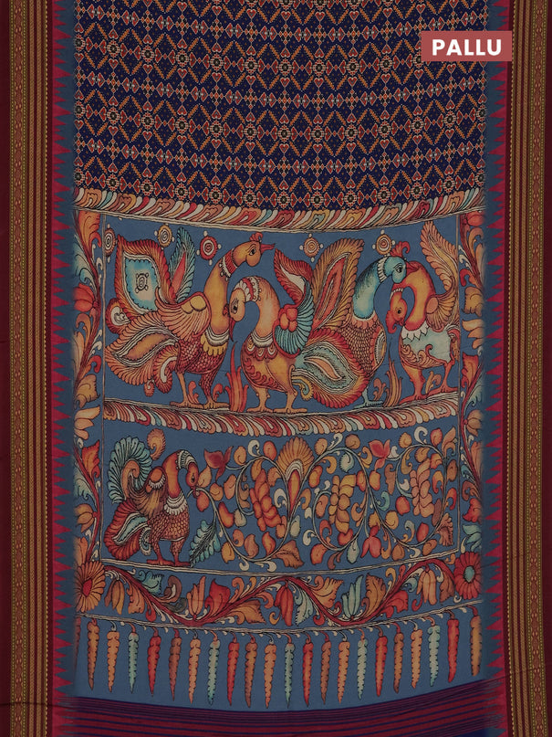 Semi crepe saree blue and maroon with allover ikat prints and printed border