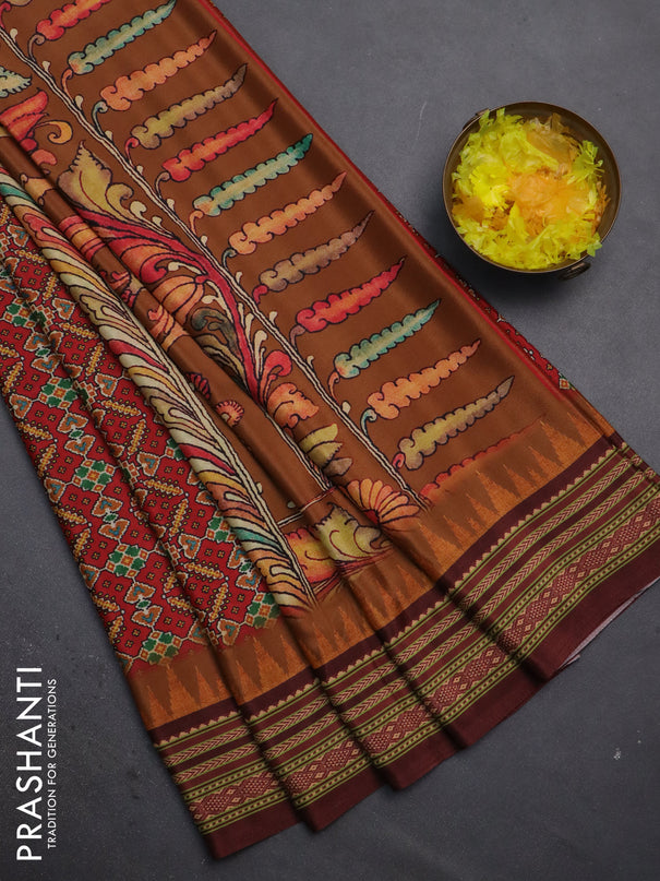 Semi crepe saree maroon and deep maroon with allover ikat prints and printed border