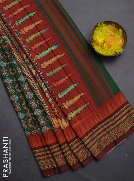 Semi crepe saree green and maroon with allover ikat prints and printed border