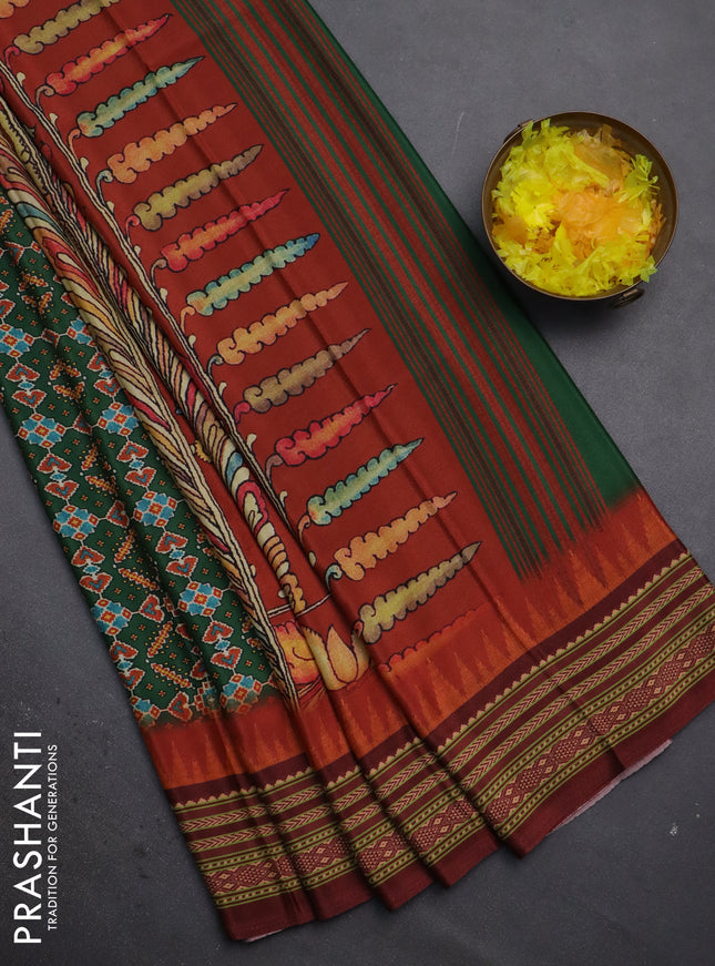 Semi crepe saree green and maroon with allover ikat prints and printed border
