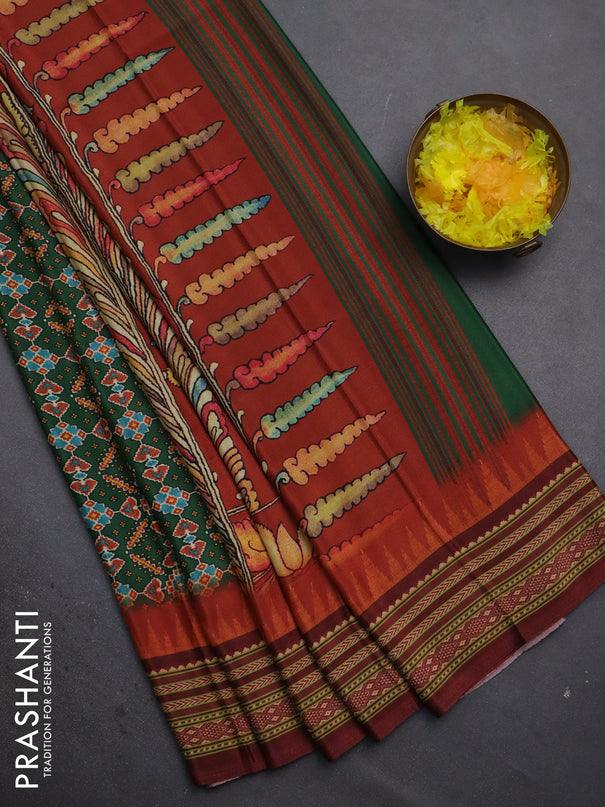 Semi crepe saree green and maroon with allover ikat prints and printed border