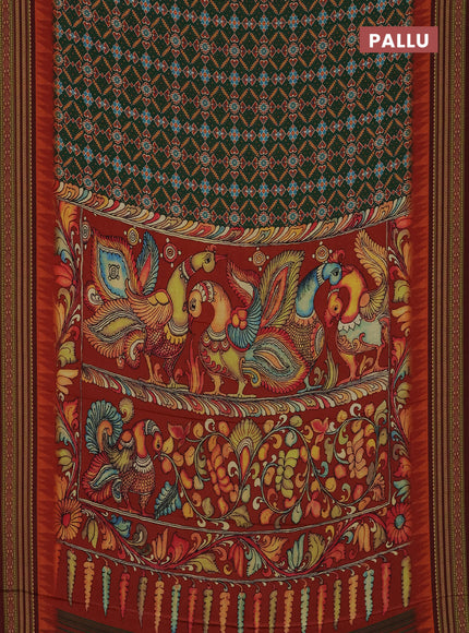 Semi crepe saree green and maroon with allover ikat prints and printed border