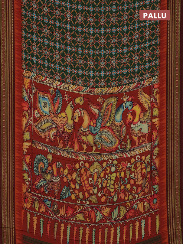 Semi crepe saree green and maroon with allover ikat prints and printed border