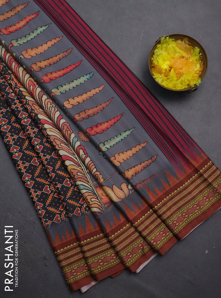 Semi crepe saree elephant grey and maroon with allover ikat prints and printed border