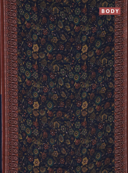 Semi crepe saree peacock blue and rust shade with allover kalamkari prints and printed border