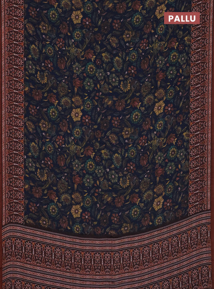 Semi crepe saree peacock blue and rust shade with allover kalamkari prints and printed border