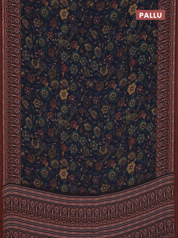 Semi crepe saree peacock blue and rust shade with allover kalamkari prints and printed border