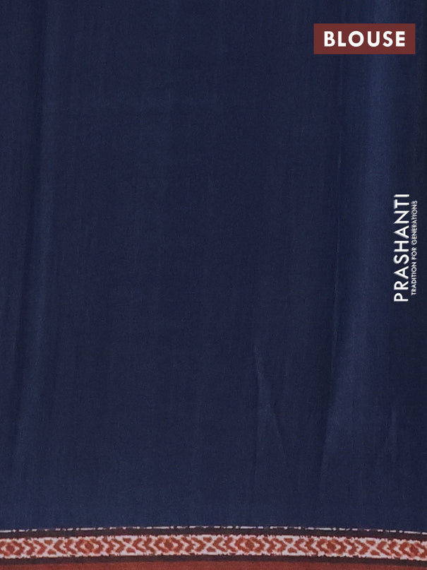 Semi crepe saree peacock blue and rust shade with allover kalamkari prints and printed border