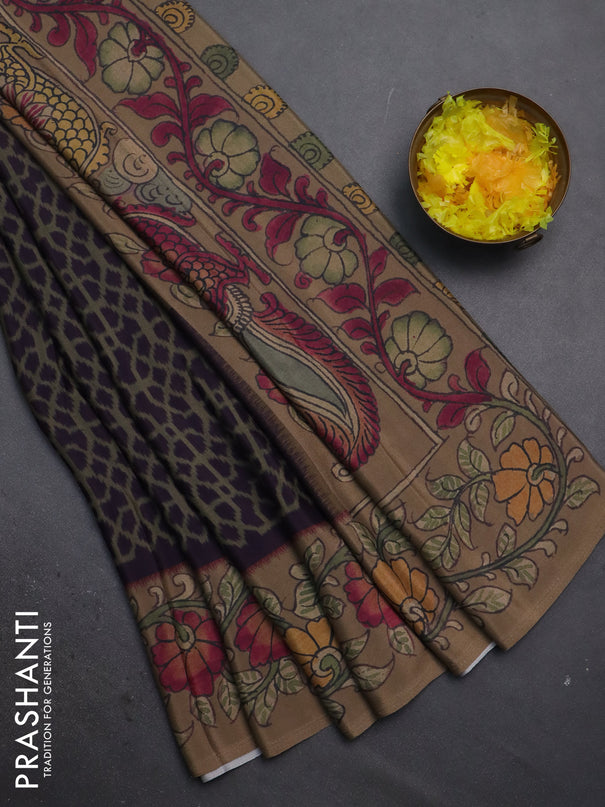 Semi crepe saree grey purple and pastel brown with allover prints and printed border