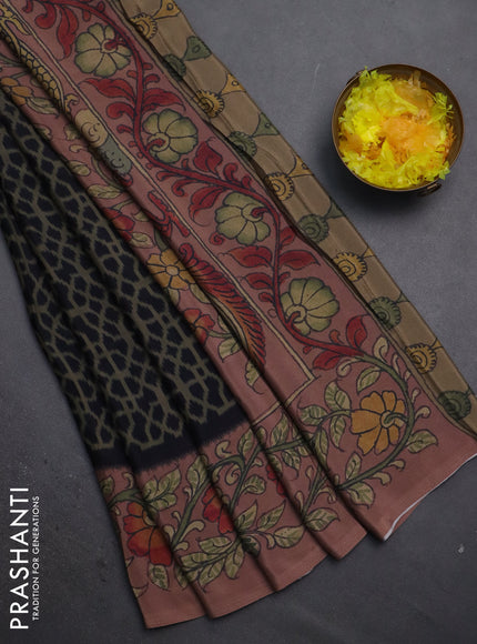Semi crepe saree beige black and pastel brown with allover prints and printed border