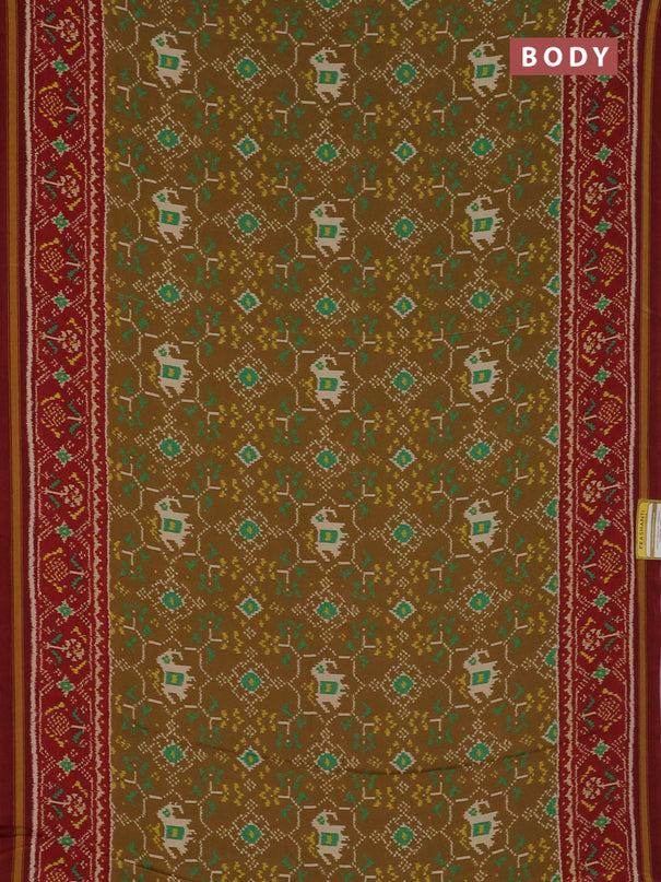 Semi crepe saree sandal and maroon with allover ikat prints and printed border