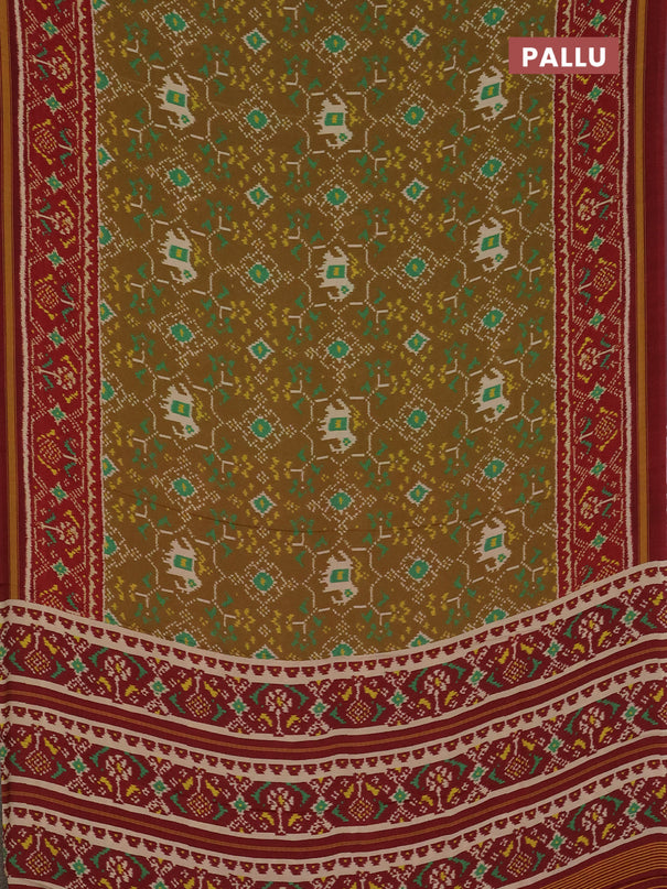 Semi crepe saree sandal and maroon with allover ikat prints and printed border