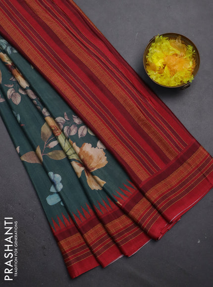 Semi crepe saree green shade and maroon with floral digital prints and printed border
