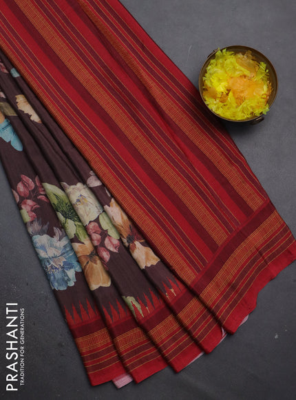 Semi crepe saree brown and red with floral digital prints and printed border