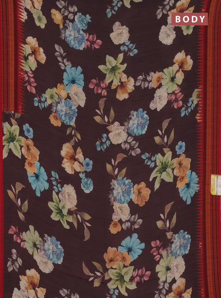 Semi crepe saree brown and red with floral digital prints and printed border