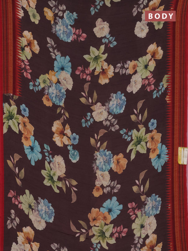 Semi crepe saree brown and red with floral digital prints and printed border