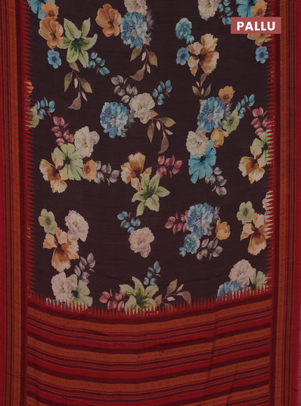 Semi crepe saree brown and red with floral digital prints and printed border