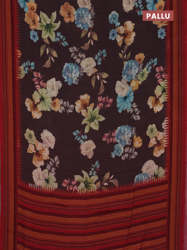 Semi crepe saree brown and red with floral digital prints and printed border