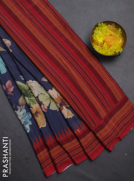 Semi crepe saree blue and maroon with floral digital prints and printed border