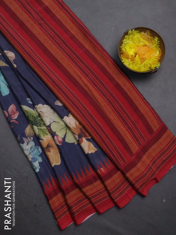 Semi crepe saree blue and maroon with floral digital prints and printed border