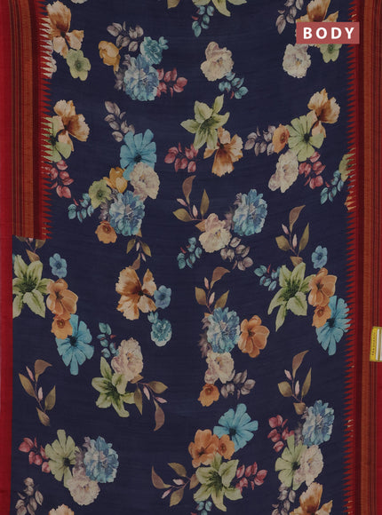 Semi crepe saree blue and maroon with floral digital prints and printed border
