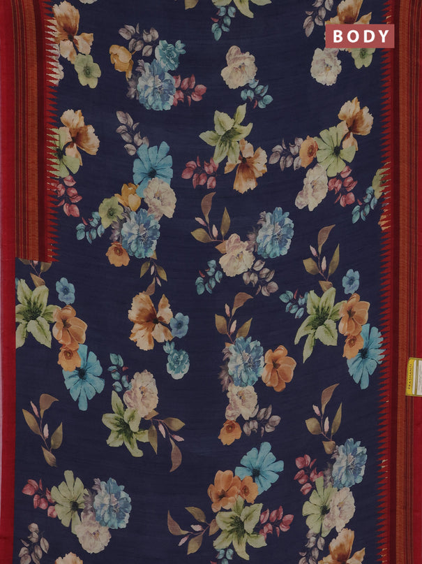Semi crepe saree blue and maroon with floral digital prints and printed border