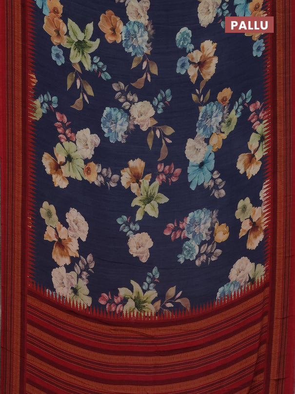 Semi crepe saree blue and maroon with floral digital prints and printed border