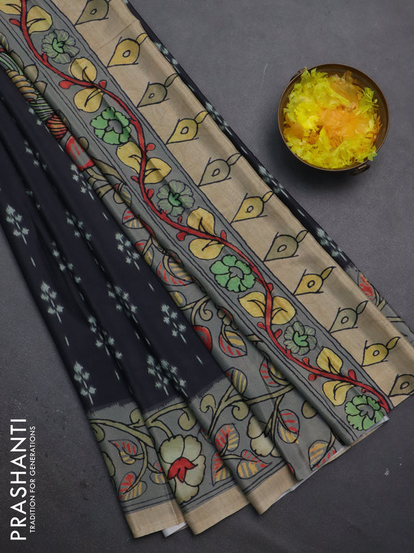 Semi crepe saree elephant grey and pastel grey with ikat butta prints and printed border