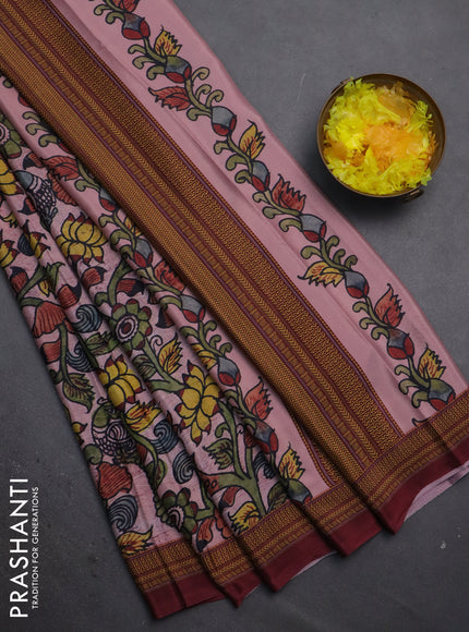 Semi crepe saree pastel pink and maroon with kalamkari prints and printed border