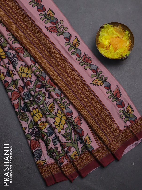 Semi crepe saree pastel pink and maroon with kalamkari prints and printed border