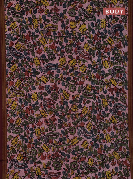 Semi crepe saree pastel pink and maroon with kalamkari prints and printed border