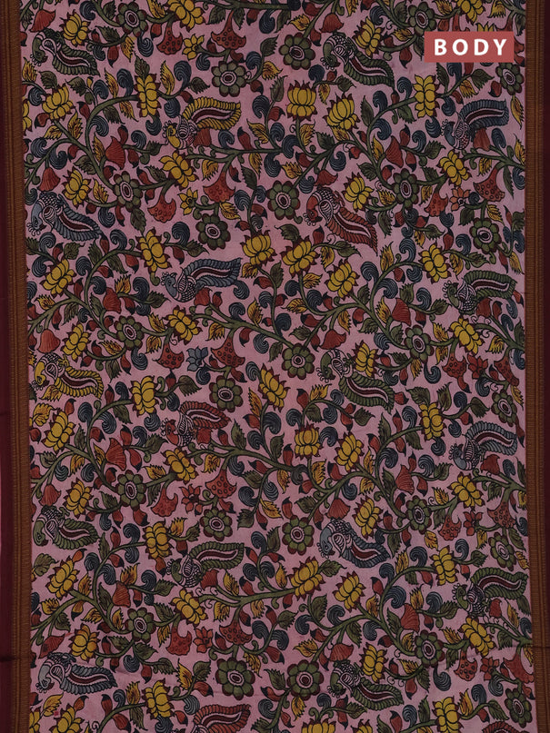 Semi crepe saree pastel pink and maroon with kalamkari prints and printed border