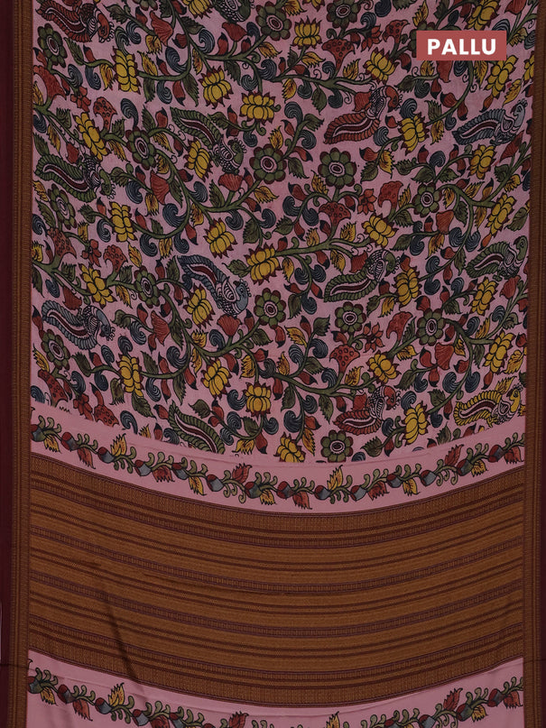 Semi crepe saree pastel pink and maroon with kalamkari prints and printed border