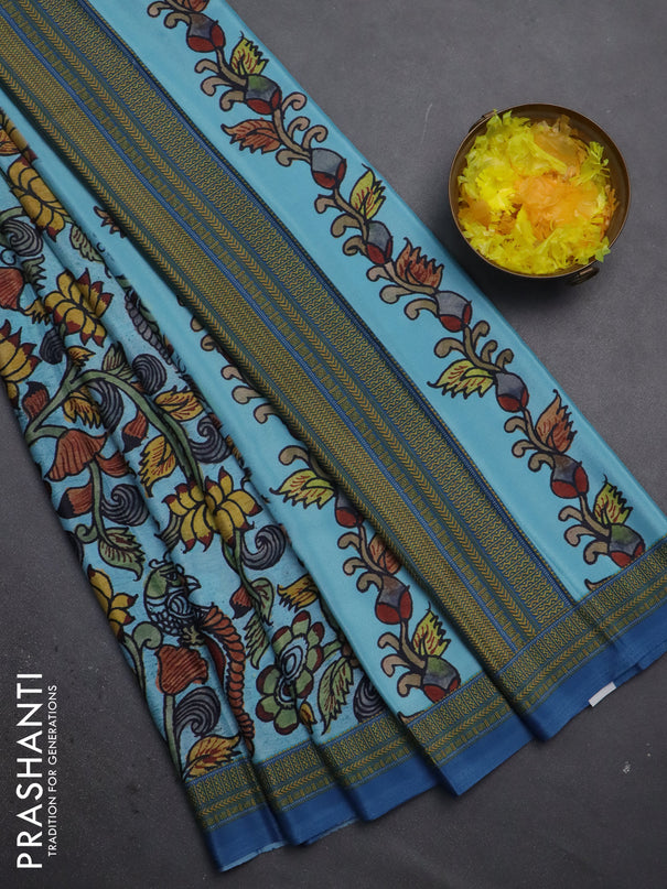 Semi crepe saree blue shade with kalamkari prints and printed border