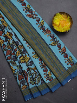 Semi crepe saree blue shade with kalamkari prints and printed border