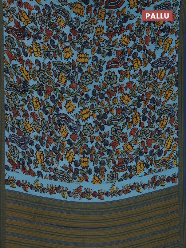 Semi crepe saree blue shade with kalamkari prints and printed border