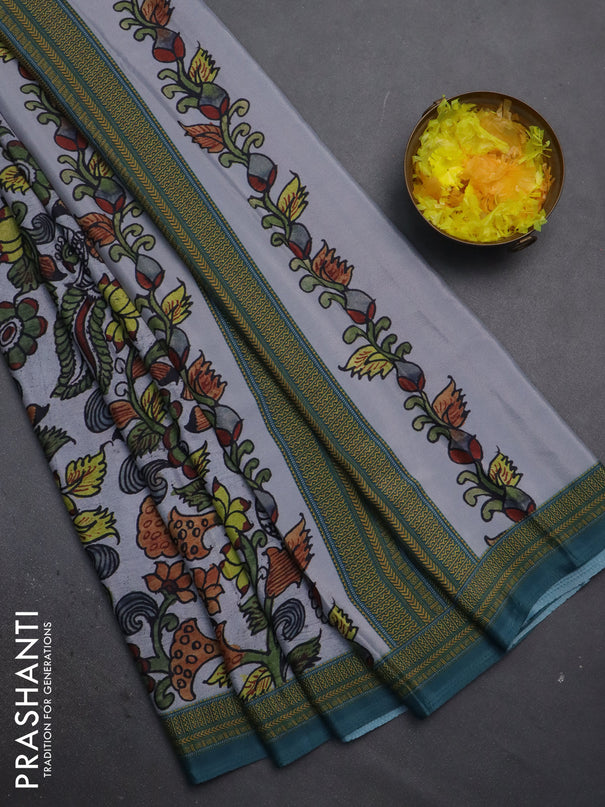 Semi crepe saree grey and peacock green with kalamkari prints and printed border