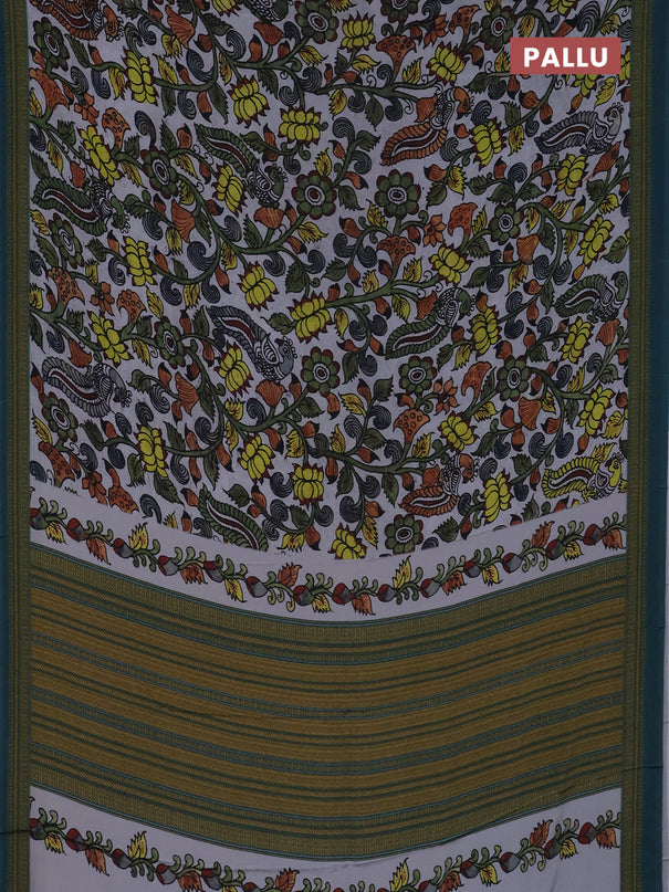 Semi crepe saree grey and peacock green with kalamkari prints and printed border