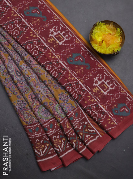 Semi crepe saree mustard yellow and maroon with allover prints and printed border