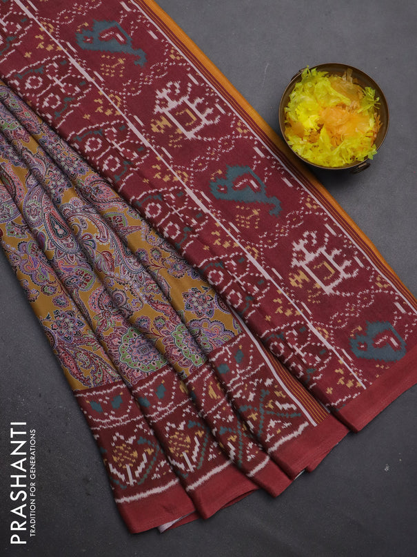 Semi crepe saree mustard yellow and maroon with allover prints and printed border