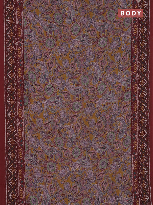 Semi crepe saree mustard yellow and maroon with allover prints and printed border