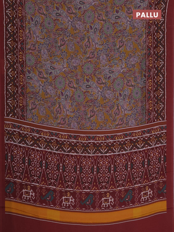 Semi crepe saree mustard yellow and maroon with allover prints and printed border