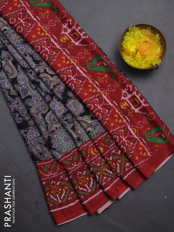 Semi crepe saree black and maroon with allover prints and printed border
