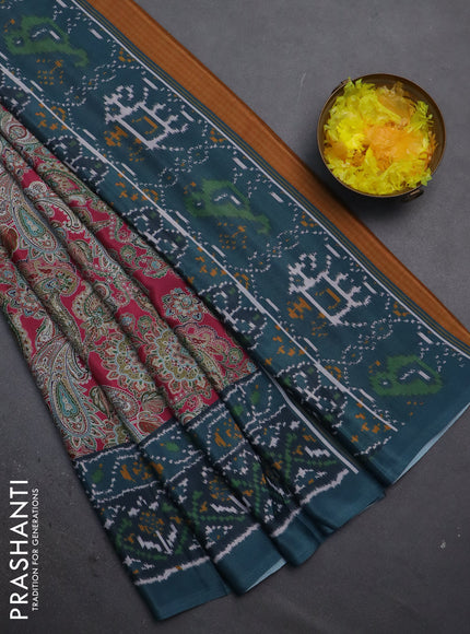 Semi crepe saree pink and teal blue with allover prints and printed border