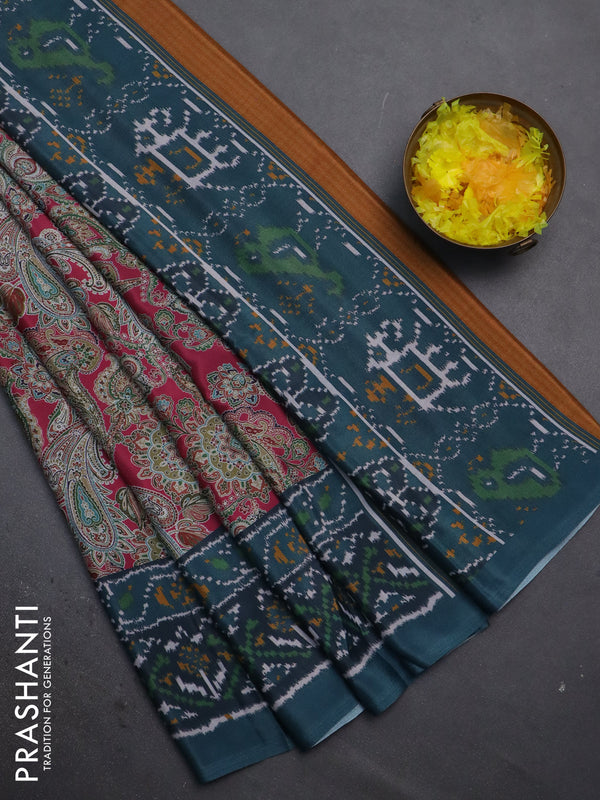 Semi crepe saree pink and teal blue with allover prints and printed border