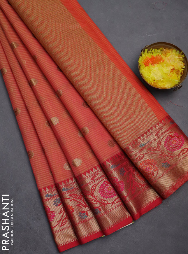 Banarasi semi dupion silk saree sunset orange and maroon with zari woven buttas and floral design zari woven border
