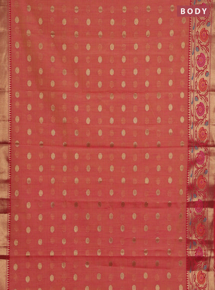 Banarasi semi dupion silk saree sunset orange and maroon with zari woven buttas and floral design zari woven border