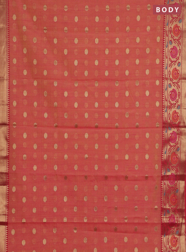 Banarasi semi dupion silk saree sunset orange and maroon with zari woven buttas and floral design zari woven border