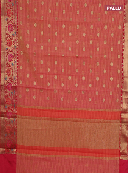 Banarasi semi dupion silk saree sunset orange and maroon with zari woven buttas and floral design zari woven border