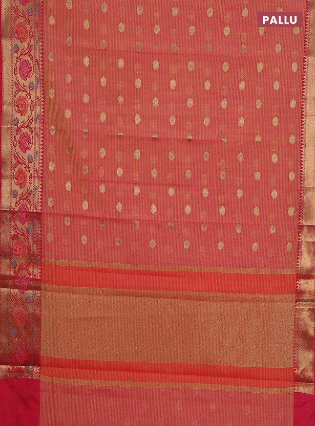 Banarasi semi dupion silk saree sunset orange and maroon with zari woven buttas and floral design zari woven border